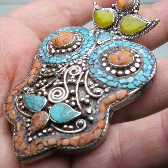 *925 Silver Antique Tibetan Coral Turquoise Pendant - Picture 1 of 8